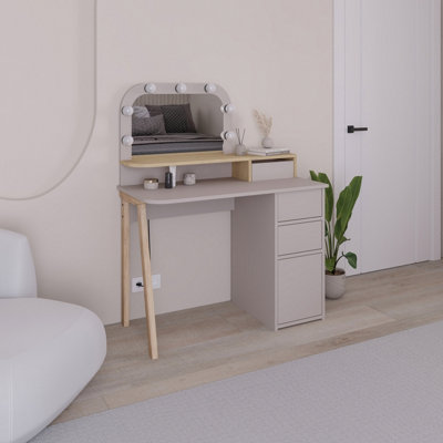 Decortie Light Avien Make-Up Dressing Table Set W/Led Mirror 3-Drawer 1-Door Storage 105(W)Cm Vanity Table ( Mocha, Oak) Size 3