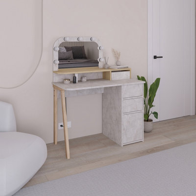 Decortie Avien Make-Up Dressing Table Set Led Lights Mirror 3-Drawer 1-Door Storage 105(W)Cm Vanity Table( Marble Effect, Oak) Gold