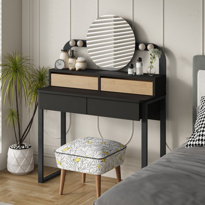 Decortie Lora Dressing Table 4-Led Lights Make-Up Table Mirror 96X132cm 2-Drawer Soft-Close Storage Bedroom,Backstage ,Oak Black