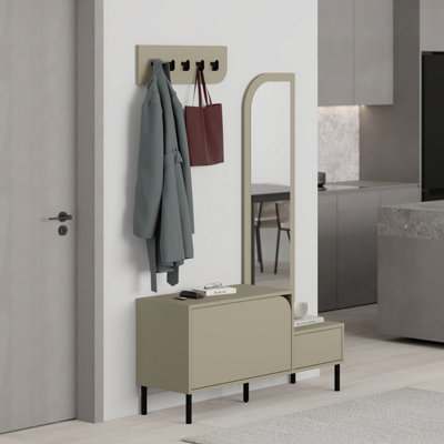 Decortie Modern Mila Coat Stand Set With Mirror And 2-Door Shoe Cabinet With 5 Metal Hooks Hanger 1.72(H)Cm Sandstone from B&Q
