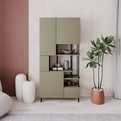 B&Q -  Modern Key Bookcase 5-Doors Storage Cabinet And Minimal Open Shelves Display Unit Metal Legs 84(W)X175(H)Cm Ash Green