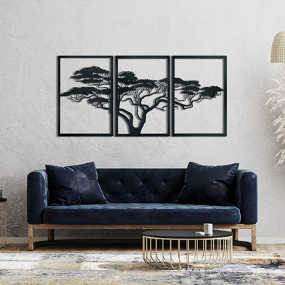 Decortie Extra Large Africa Tree 3-Panel Metal Wall Art Set 195X96cm Textured Black B&Q