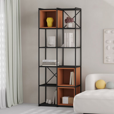 Decortie Modern Vale Midi Bookcase Display Unit 5-Tier Metal Frame 3 Adjustable Shelf 18Mm Engineered Wood ( Wood, Cinnamon) Black
