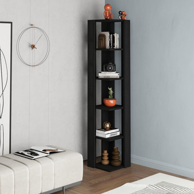 Decortie Black Nati Tall Corner Bookcase Modern Shelving Unit Space-Saving Storage Wood 161Cm