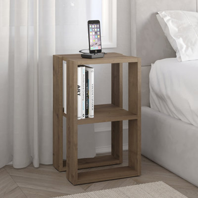 Decortie Lonie Modern Bedside Table Nightstand With Storage Oak Effect Width 34Cm Dark