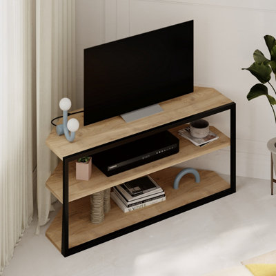 Decortie Modern Echo Tv Unit Versatile Design With Metal Frame Shelf Media Centre 98Cm Oak Black/Grey