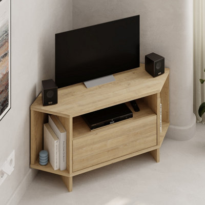 Rackhams White/Dark/Green Modern Viva Corner Tv Unit Shelf Up To 36 Inch Tvs Push To Open Storage Cabinet, 3 Open Shelf Media Centre 95.7(W)Cm - Oak - Image 6