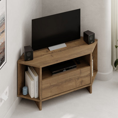 Decortie Modern Viva Corner Tv Unit Shelf Up To 40 Inch Tvs Push To Open Storage Cabinet, 3 Open Shelf 95.7(W)Cm Oak Effect Dark