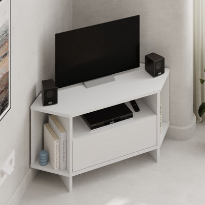 Decortie Modern Viva Corner Tv Unit Shelf Up To 40 Inch Tvs Push To Open Storage Cabinet, 3 Open Shelf 95.7(W)Cm White