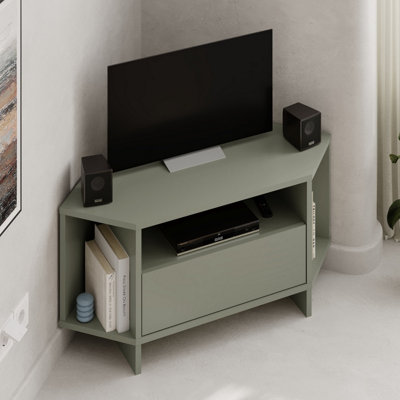 Decortie Green Modern Viva Corner Tv Unit Shelf Up To Inch Tvs Push To Open Storage Cabinet, 3 Open Shelf 95.7(W)Cm Ash Size 40