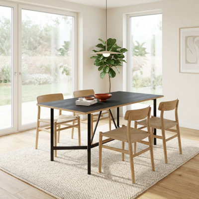 Decortie Modern Dalma Rectangle Dining Table 6 Seater Kitchen Table 140(D)Cm W/Metal Legs For Indoor Wood, Appleply Black