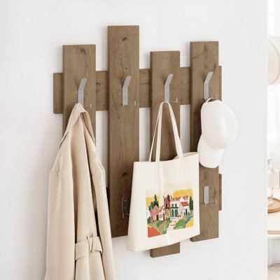 Decortie Wave Modern Wall-Mounted Coat Hanger With 8 Hooks Natural Oak 64 Width