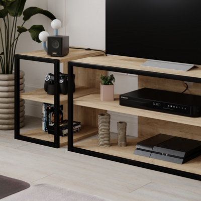 B&Q -  Modern Echo Tv Unit Set For Tvs Up To 43 Inches With 2 Storage Side Table3 Piece Set Media CentreLiving Room (Oak)