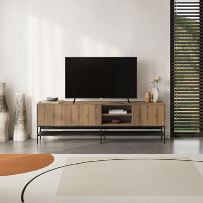 Decortie Amira 180Cm Modern Tv StandEntertainment Centre With Metal Legs & Push-To-Open Doors Whiskey Oak-Black Wood from B&Q