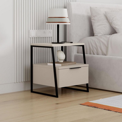 FWStyle Single Door Bedside Table - Cream - Engineered Wood and Metal - Melamine Coating - Image 8