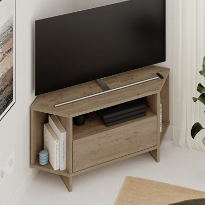 Decortie Modern Viva Corner Tv Unit Up To 40 Inch Tvs Push-To-Open Storage Cabinet, Open Shelf Media Centre 95.7(W)Cm Natural Oak White/Dark/Green