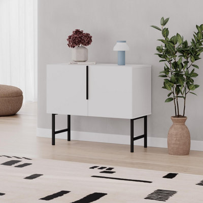 B&Q -  Modern Tona Console Cabinet W/soft-Close 2 Doors Sideboard Black Metal Legs 88(W)CmWhite