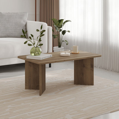 Rackhams Dark Modern Radius Coffee Table 100Cm Rectangular Centre Table With 2-Panel Base Leg Particleboard, Living Room - Oak - Image 6