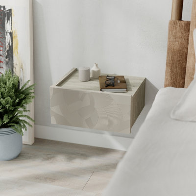 B&Q -  Floating Bedside Table W/ Drawer Handleless Nightstand Wall-Mounted Storage Cabinet Space-SaverSandstoneTravertine