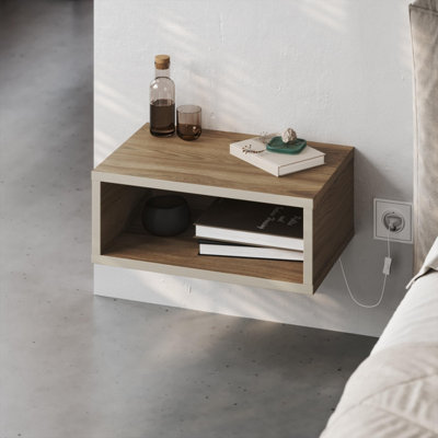 Decortie Brik Modern Floating Bedside Table Nightstand Wall-Mounted Led Lights 45Cm Natural OakSandstone Bedroom from B&Q