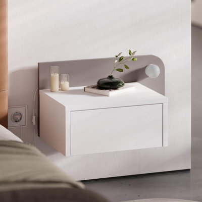 Decortie Light/White/Grey Floating Bedside Table With Drawer, Led In 3-Tones 33.5Cm Wall-Mount Bedroom Storage Unit - Mocha - Image 8