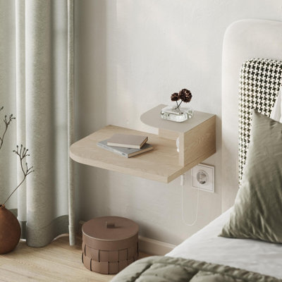 Rackhams Light/Yellow/White Floating Bedside Table Modern Corner Design Nightstand 30Cm Wall-Mounted W/ Led Lamp In 3-Tones For Bedroom - Sonomo Oak - Image 3