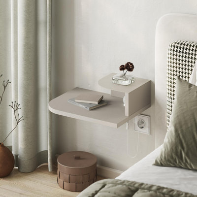 Decortie Luno Modern Floating Corner Bedside Table Nightstand Wall-Mounted Led 30Cm Sandstone Bedroom from B&Q