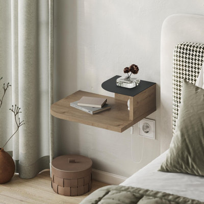 Luno 2-Tier Wall Mounted Bedside Table With Night Light - Size: 12 X 40 X 30Cm - Wilko Natural Oak Decortie - Image 7