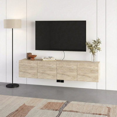 Decortie Daroca Floating Wall-Mounted Tv Unit Up To 65-Inch Tvs 180Cm(W) Soft-Close 4 Doors Tv Cabinet For Living RoomTravertine from B&Q