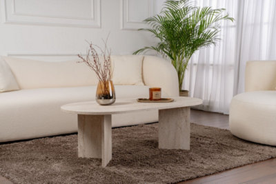 B&Q -  Sable Modern 119Cm Oval Coffee Table Scandi Japandi Style Floor Protectors Travertine Living Room Centre Table