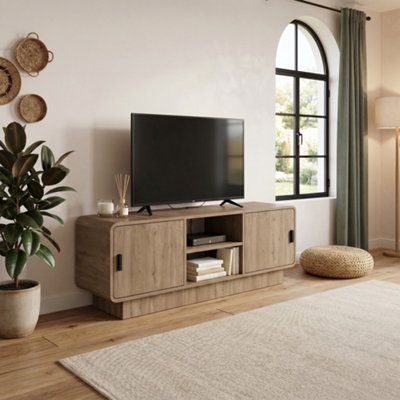 B&Q -  Rovel Round Edge Tv Unit With Soft Close Doors And Open ShelvesNatural Oak