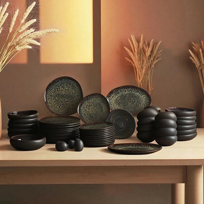 Karaca Earth Collection New Galactic Reactive Glaze 55-Piece Dinner Set For 12 PeopleBlack from B&Q