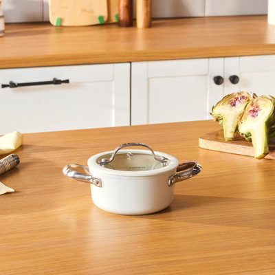 Karaca Swiss Crystal Almond Cream Non-Stick Induction Stainless Steel Handle Casserole & Lid14CmCream from B&Q