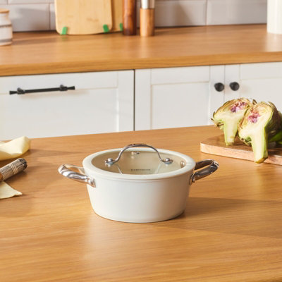 Karaca Swiss Crystal Almond Cream Non-Stick Induction Stainless Steel Handle Casserole & Lid18CmCream from B&Q
