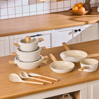 Karaca Swiss Crystal Almond Cream 12-Piece Non-Stick Induction Ceramic Cookware SetCream from B&Q