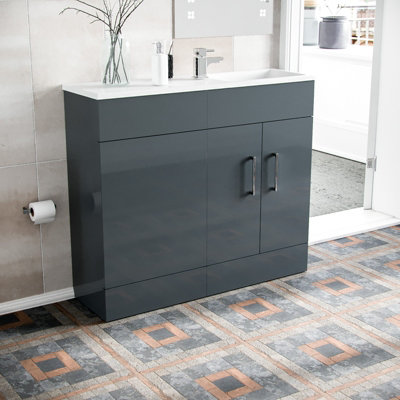 Nes Home Grey 1000mm Freestanding Mdf Slimline Vanity Cabinet & White Resin Basin from B&Q