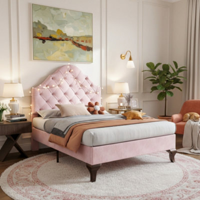 Abrihome Upholstered Bed With Height-Adjustable HeadboardYouth BedSingle BedWooden Slat SupportEasy AssemblyVelvetPink from B&Q