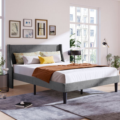 Abrihome Velvet Grey 4Ft6 Double Bed With Winged Headboard & Wooden Slats from B&Q