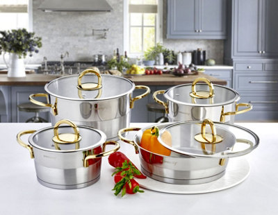 B&Q -  Elit Collection 8-Piece Stainless Steel Cookware Set (Gold Handles)