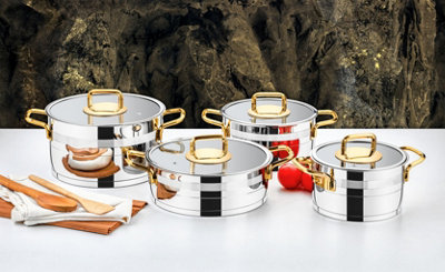 Evimsaray Safir Series 8-Piece Cookware Set (Gold Handles) - Silver - Image 4
