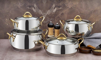 Rozi Sevval Collection 8-Piece Cookware Set - Stainless Steel, Gold Handles, Silver - Image 4
