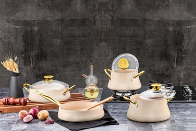 Rackhams Cream Dora Collection 7-Piece Non-Stick Granite Cookware Set (Cream) - Image 3