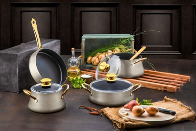 Rozi Dora Collection 7-Piece Non-Stick Granite Cookware Set - Cream Gold - Image 4