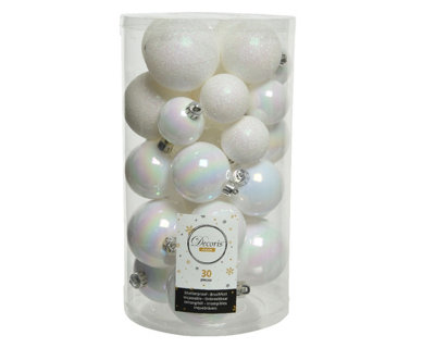 Decoris 30 White Iridescent Christmas Baubles Shatterproof Tree Decor Glitter Shiny Iris from B&Q
