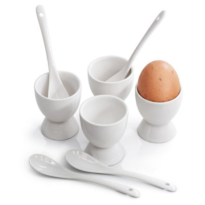 The Magic Toy Shop Geezy Porcelain Egg Holder Set 4X Ceramic Egg Cups 4X Spoons Breakfast Tableware White - Image 2