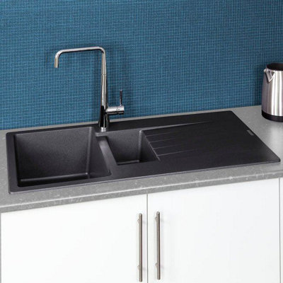 Reginox Harlem15 Kitchen Sink 1.5 Bowl Silver Black Granite Reversible Waste from B&Q