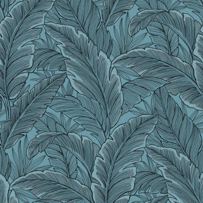 Pear Tree Tropical Palm Leaf Wallpaper Glitter Textured Vinyl Blue Steel - Image 3