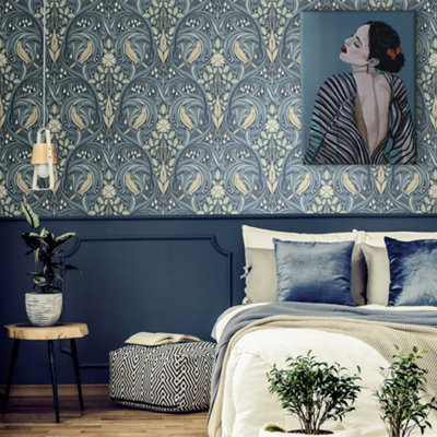 Galerie Arts And Crafts Blue Patterned Wallpaper from B&Q