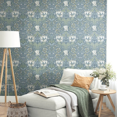 Galerie Arts And Crafts Blue Patterned Wallpaper from B&Q