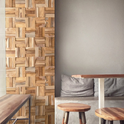 B&Q -  Wallsupply Ultrawood Cubic Solid Teak Wood PanelsWall Cladding 3D Interlocking Tiles10Pcs 0.68M²